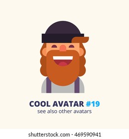 Cool avatar #19. Attractive bearded man in a hat smiling friendly. Lumbersexual. Vector icon in flat style.
