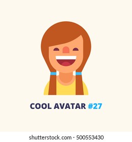 Cool avatar #27. Pretty student girl friendly smiling. Modern simple and clear design. Vector icon in flat style.