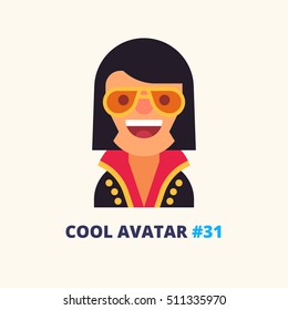 Cool avatar #31.Rock-n-roll star with whiskers in golden sunglasses friendly smiling. Modern simple and clear design. Vector icon in flat style.