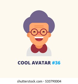 Cool avatar #36. Pretty grandmother in glasses smiling. Modern simple and clear design. Vector icon in flat style.