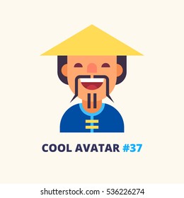 Cool avatar #37. Chinese man in traditional conical hat. Modern simple and clear design. Vector icon in flat style.