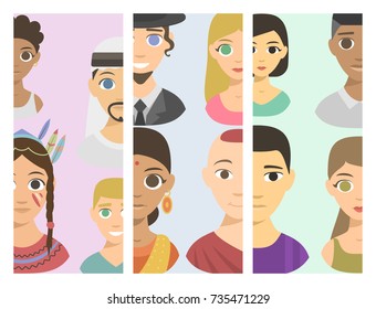 Cool avatars different brochure nations people portraits ethnicity different skin tones ethnic affiliation and hair styles vector illustration.