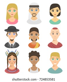 Cool avatars different nations people portraits ethnicity different skin tones ethnic affiliation and hair styles vector illustration.
