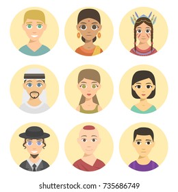 Cool avatars different nations people portraits ethnicity different skin tones ethnic affiliation and hair styles vector illustration.