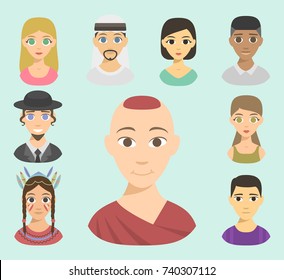 Cool avatars different nations people portraits ethnicity different skin tones ethnic affiliation and hair styles vector illustration.