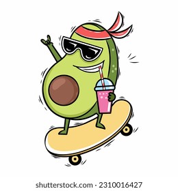 Cool avocado rides skateboard and drinks cocktail with straw. Funny summer illustration in doodle style. Сharacter to print on T-shirt or poster.