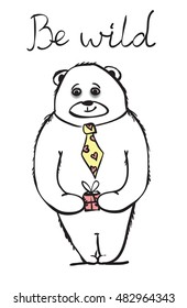 Cool awesome bear. Hand drawn print style