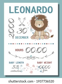 Cool babies poster with funny lion, height, weight, date of birth. Vector Illustration newborn metric for children bedroom.