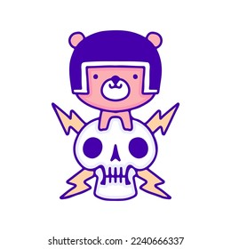 Fantástico oso bebé con casco con arte de doodle de cráneo relámpago, ilustración para camisetas, pegatinas o prendas de vestir. Con estilo pop y kawaii moderno.