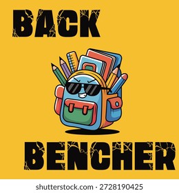 Personaje fresco de mochila escolar de respaldo con gafas de sol y papelería, que simboliza la rebelión académica juguetona, perfecto para camiseta, póster universitario, Anuncio del campus, meme de redes sociales, marca estudiantil, pegatina y merch.