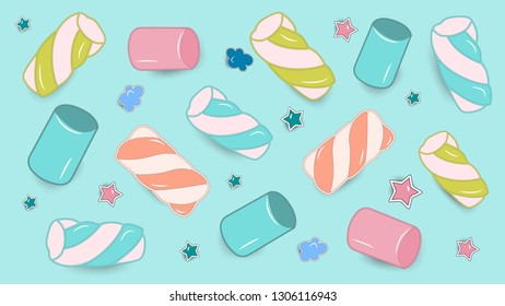 Cool background. Cute Kawaii Characters. Cartoon style. Marshmallows. Vector EPS10.