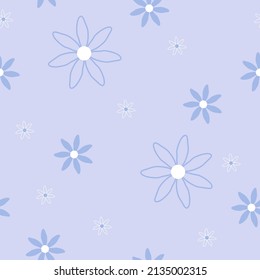 Cool background of daisies. Floral modern chamomile pattern. Seamless abstract ornament for textiles and decorations. Vector illustration in trendy style of blue daisies. Vector illustration