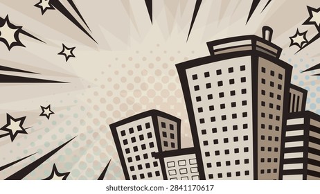 Cool background illustration of a skyscraper viewed from below, American comic book style_Retro_16:9
