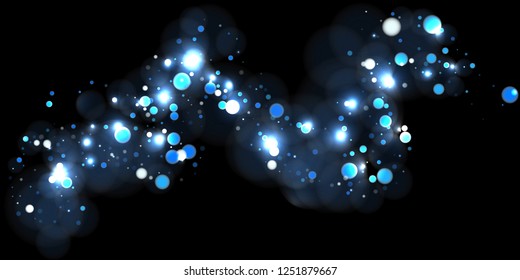 Cool backlit dust particles with real lens flare glitter bokeh lights background. Defocused blurred sparkles, neon blue bokeh backlit glossy dust and abstract circle snowflakes. Trendy blurred lights 