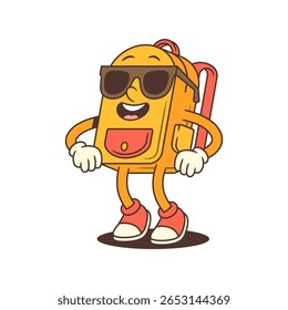Cool backpack mascot stands with hands on hips and sunglasses, smiling confidently with relaxed charm. Great for youth branding, school visuals, or promotional designs. vector illustration