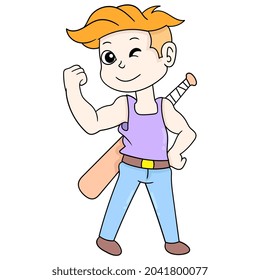 genial chico malo trae bate de béisbol para luchar, ilustración vectorial arte. imagen del ícono del doodle kawaii.