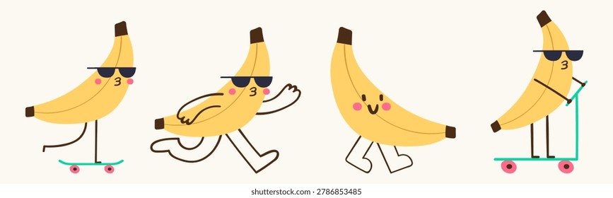 Cool banana characters set riding skateboard and kick scooter for kids streetwear prints and stickers