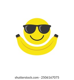 Cool banana emoji with shades. Cheerful yellow banana emoticon wearing sunglasses. Fun, playful design ideal for social media, websites, or merchandise.