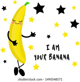 Cool banana. Hi, I'm a fruit. Greeting card or poster for children's learning, printing on clothes or utensils. Character with a face and a smile. Good nutrition. Healthy breakfast