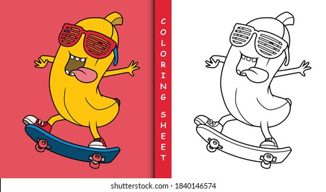 Cool Banana Playing Skateboard. Coloring Sheet.