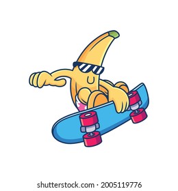 Cool Banana Playing Skateboard. Fruit Vector Icon Illustration, Isolated on Premium Vector