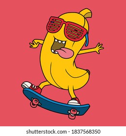 Cool Banana Playing Skateboard. Hand Drawn