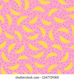 Cool "bananas on pijamas" vector pattern on pastel pink background, seamless repeat. Trendy minimal style. Graphic design elements for all kind of uses.