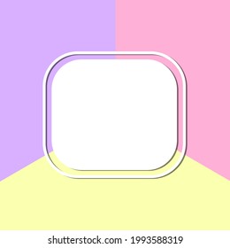 Cool banner with copy space on pastel colored background. Trendy vector geometric backdrop. White rectangle with frame on violet, pink and yellow elements. Template for sale, discount, promo, advertis