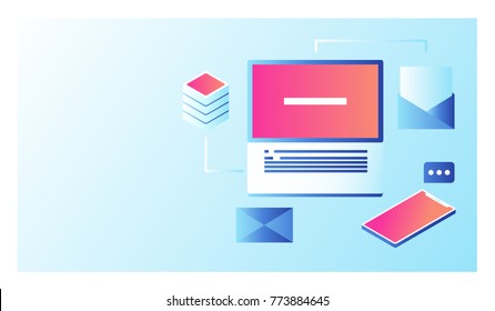 Cool banner of promotion on internet, digital technology for help in business concept, online business and e-commerce isometric vector illustration