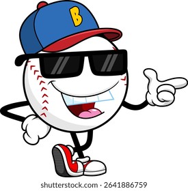 Cool Baseball Cartoon Mascot Character Wearing Sunglasses And Pointing – Vector Hand Drawn Illustration Isolated On Transparent Background