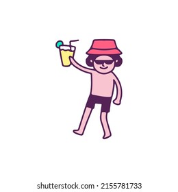 Cool beach boy in bucket hat holding lemon juice, illustration for t-shirt, sticker, or apparel merchandise. With doodle, retro, and cartoon style.