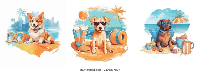 Conjunto de vectores acuáticos de Cool Beach Dogs