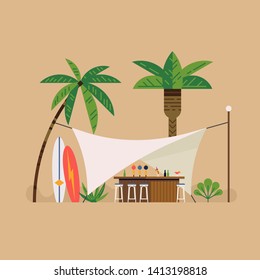 Cool beach resort white canopy tent lounge bar flat design vector illustration. Summer seaside vacation themed background with cocktail bar and palm trees