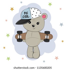 Cool bear in the baseball cap holding skateboard in hands. Kids graphics for t-shirts. Greeting card. Flat vector illustration.