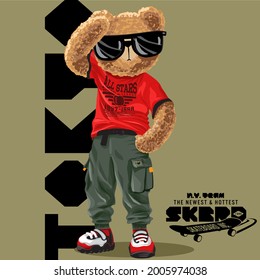 Cool Bear With Black Sunglasses Reflecting Street Trend And Casual Style Wearing Cargo Pants And A Red T-shirt, With The Slogan Tokyo On The Back Of The Bear In Modern Typography