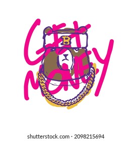 Cool bear cartoon character with a gold chain around his neck. The inscription with a pink spray: Get Money. Vector illustration for T-shirt print design 
