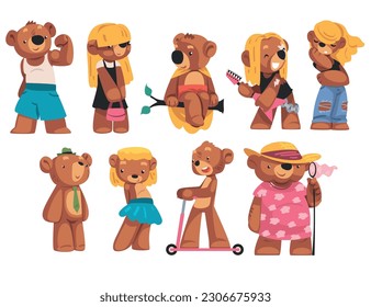 Cool bear characters in fashion outfit set. Cute wild animals wearing sports and casual clothes cartoon vector illustration