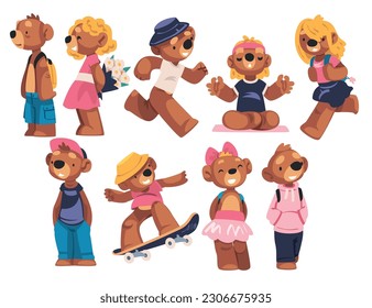 Cool bear characters in fashion outfit set. Cute wild animals wearing sports and casual clothes. T-shirt, print, poster, sticker design cartoon vector illustration