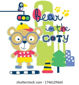 cool bear in the city funny animal cartoon, vector illustration