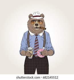 cool bear with coffee and donut, furry art illustration, fashion animals