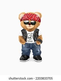 coole Bärenpuppe auf Bandana und Lederweste, Vektorgrafik