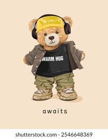 cool bear doll in cargo pant and warm hug t shirt vector illustration