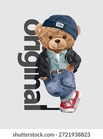 Muñeca de oso fresco apoyándose contra la Ilustración vectorial de eslogan original