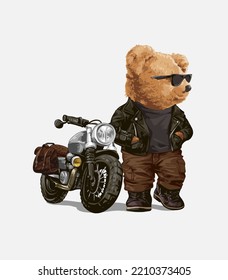 cool bear doll in leather jacket and motorcycle vector illustration