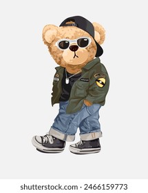 cool bear doll in military fashion style hand drawn vector illustration