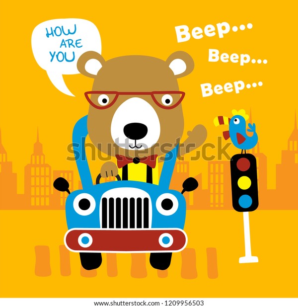 cool bear driving a car funny animal\
cartoon,vector\
illustration