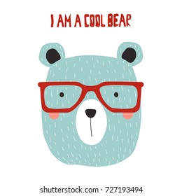 I am a cool bear. Hand drawn poster with cartoon bear and slogan. Vector illustration.