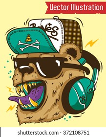 Cool Bear with headphones. Vector illustration.