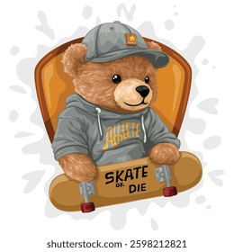 Cool bear in a hoodie and cap holding a skateboard with Skate or Die text  
