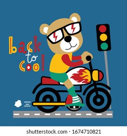 cool bear and motorcycle funny animal cartoon,vector illustration